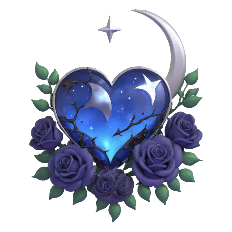 gothic heart, midnight blue glass, silver crescent moon, black roses, stardust, lightning, rain, cracked glass, romantic gothic style sticker