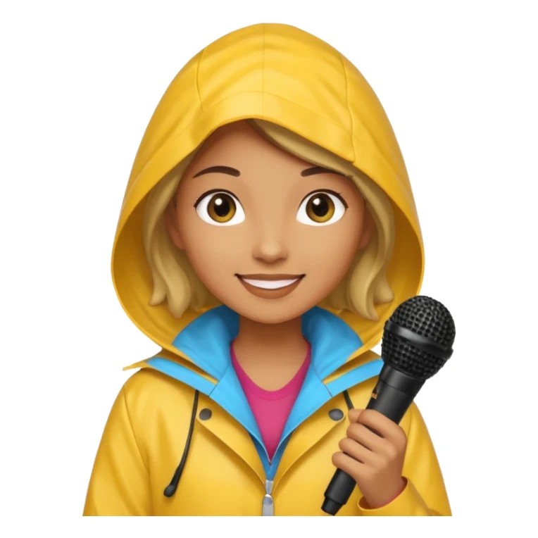 woman with rain coat and microphone sticker