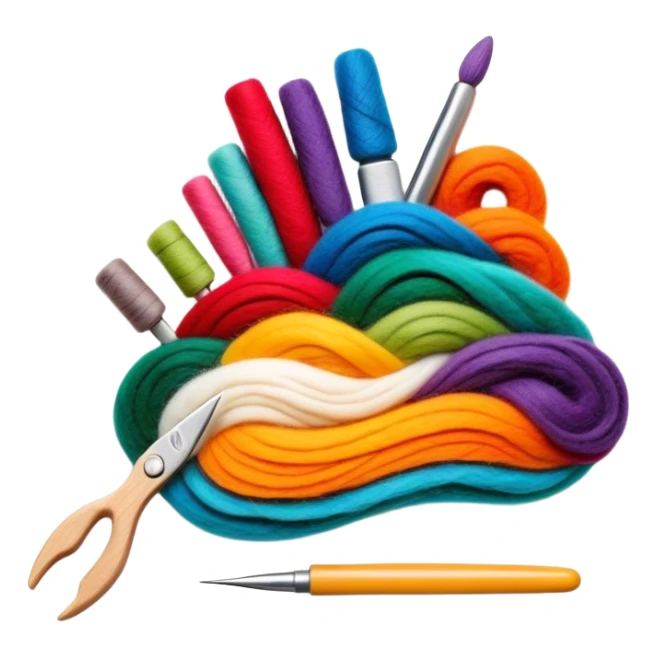 Felt art icon, colorful felt pieces being layered and shaped into a picture or decorative piece, felting needle and tools, intricate felted design in progress, minimalistic style, clean lines, transparent background. sticker