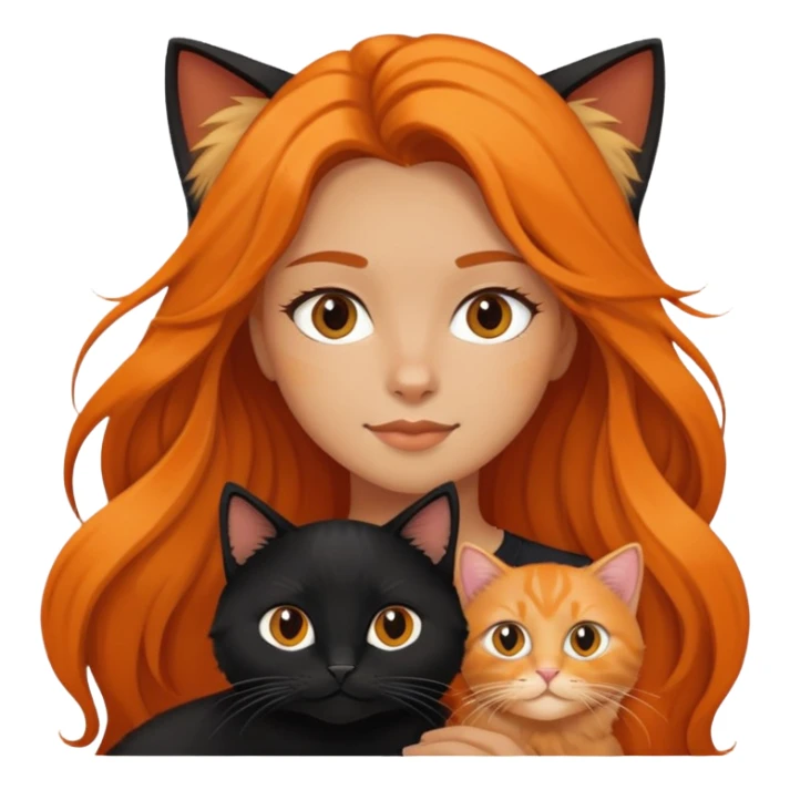 A long-haired girl holding a black cat and an orange long haired cat sticker