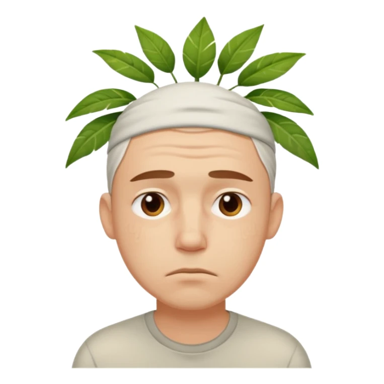 tired sad man with sweat on forehead, plant behind sticker