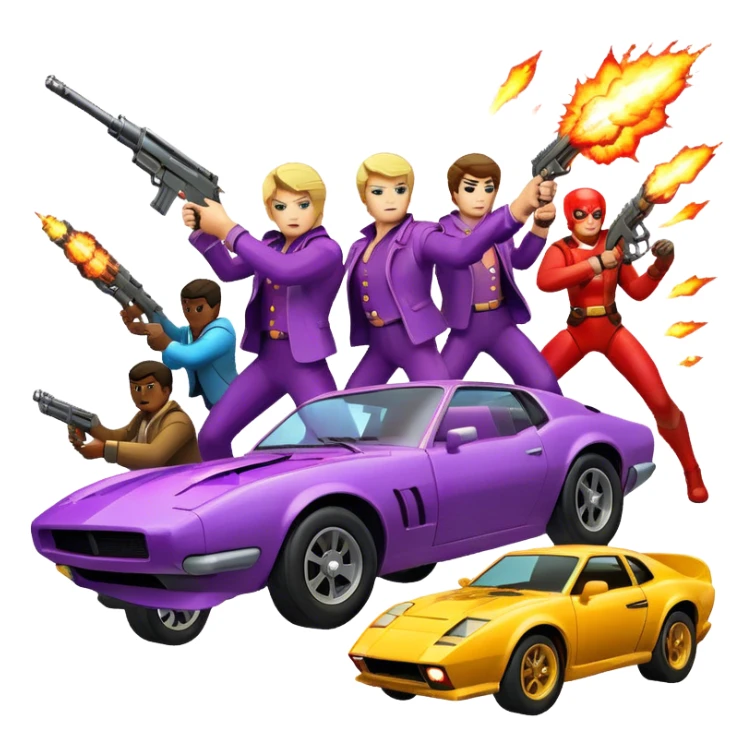 Icon for Action Movies: Close-up collage with dynamic explosions, guns, fast cars, and heroic figures in action poses. Include iconic weapons, dramatic lighting, and high-energy scenes that capture the essence of action films. Vibrant colors and intense motion. Transparent background. sticker