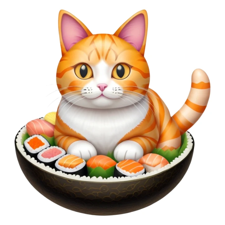 cat sitting in a decorated Easter egg made of sushi, colorful Easter patterns on the sushi egg sticker