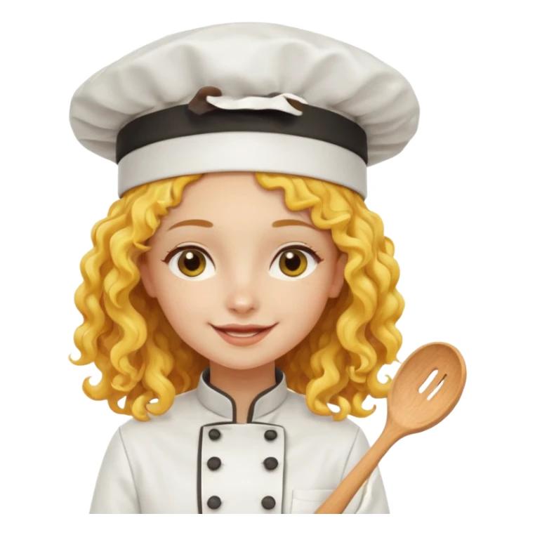 girl, yellow Long curly hair, happy, wearing chef uniform and chef hat sticker