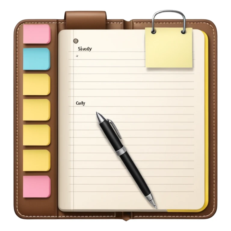 daily planner agenda  leather with open page and pen with stickynotes sticker