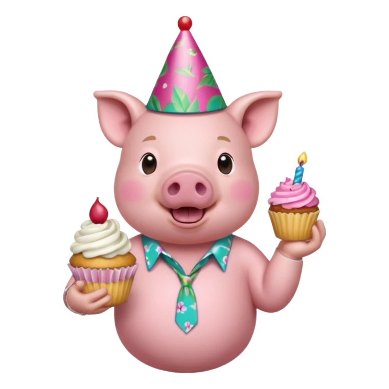 Pig with aloha shirt, birthday hat, holding a cupcake sticker