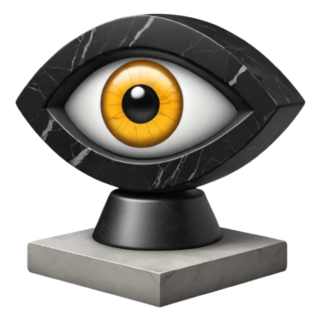3D isometric icon, polished black marble eye on a concrete pedestal, minimalist brutalist style, cinematic lighting, black background. sticker