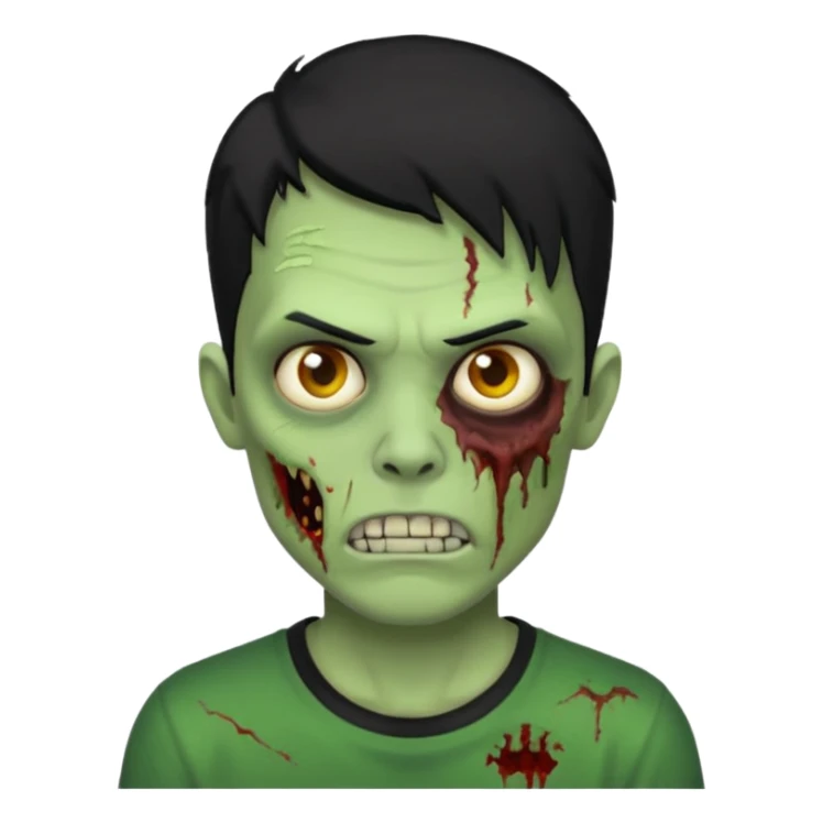 Zombie Emoji AppleIOS Style, lowfade Black Hair, and Black T-shirt, Green Skin, normal expression sticker