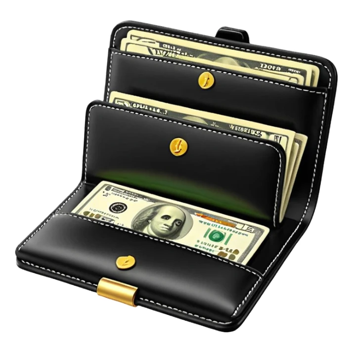 Rich emoji style black leather wallet with dollar bills, luxury money vibe, premium 3D emoji, ultra clean, high detail, no background
 sticker