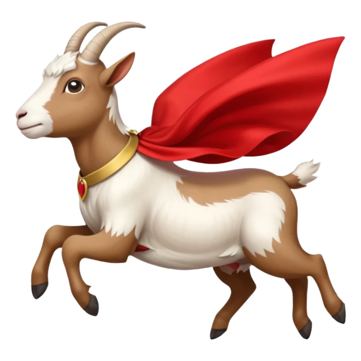 side view of white female goat wearing a read cape like superman sticker