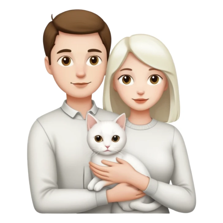 A man and a woman holding a white cat sticker