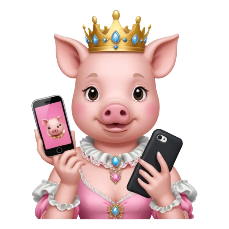 Pig princess in rococo finery holding a cell phone sticker