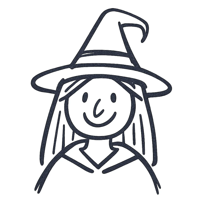 witch icon, hand drawn style, sketchy black lines, whimsical and playful sticker