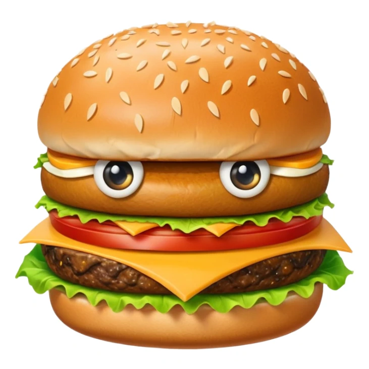 Create an image of a burger face with eyes and mouth pooping up in blue background sticker
