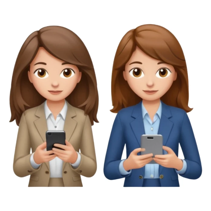 two brown haired girls, looking professional maybe leaned back on back and looking forward and using phones, with longer hair and with some cute clothes without ties, blowout hair, one girl can hold lap top athoer one can hold the phone sticker