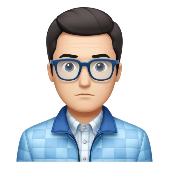 Man with square face, large dark square glasses, short straight hair combed to the side. Serious-relaxed expression. Light blue jacket, white shirt with blue checkered pattern. sticker