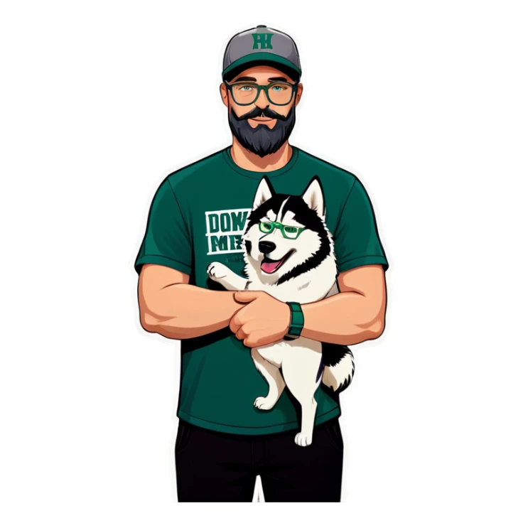 A bold man with a grey baseball cap, green eyes, big beard and glasses holding a husky dog sticker