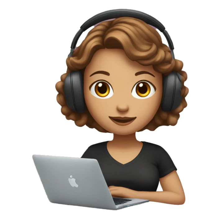 women with fair skin and brown wavy hair developing on a macbook with headset on, wearing a black t-shirt sticker