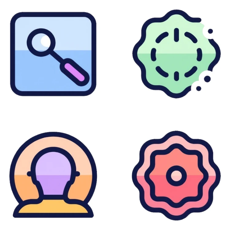 Colorful website navigation icons with vibrant gradients: home icon in blue, search icon in purple, menu icon in green, profile icon in orange, and settings icon in red sticker