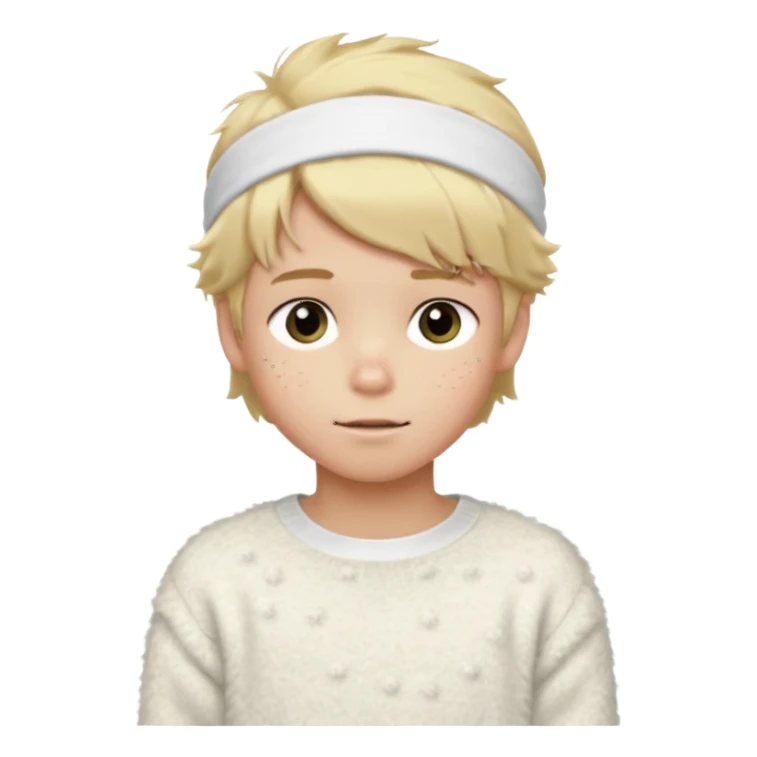 create-a-look-for-a-blond-boy-with-long-tousled-hair-light-eyes-a-white-sweat + fluffy white sweater + styled hair blonde with hair to the side cute + cute face with freckles  medium hair fluffy to the side no long hair cute hair blonded no messy medium height blue eyes cute + headband fluffy sticker