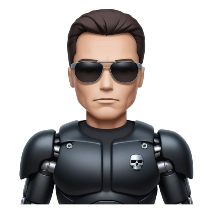 Schwarzenegger-like Terminator, upper body only, wearing his iconic clothes in black (all clothes must be black), looking human but with robotic details, and wearing dark sunglasses, hair must be dark
 sticker