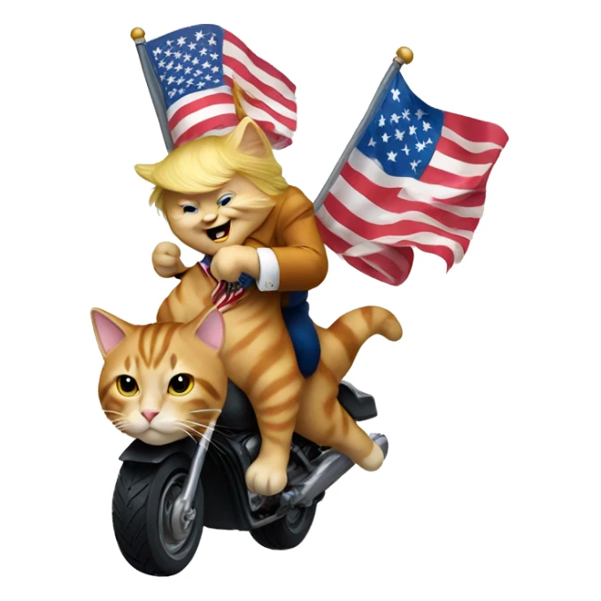 Donald Trump riding a cat holding an American flag sticker