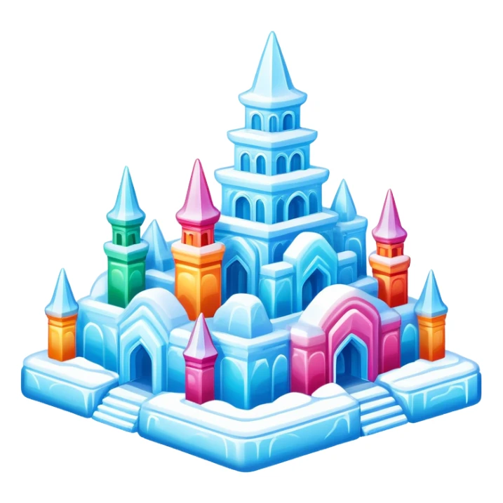Harbin Ice and Snow Festival colorful ice sculpture, simplified emoji style with bold outlines and bright colors, cartoon style ice building sticker
