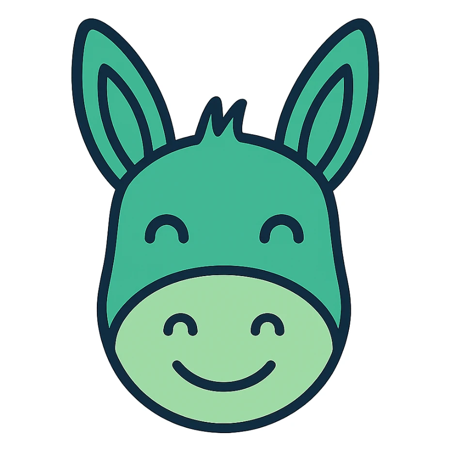 Happy donkey head icon in green tones, color outline style, no background sticker