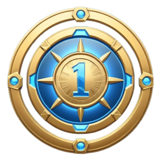 Futuristic achievement medal badge, circular shield emblem with engraved Roman numeral I and subtle “12M” detail, metallic gold and deep blue glow, sci-fi web3 game UI style, polished 3D game asset, soft energy aura, dark background, centered composition, high detail sticker