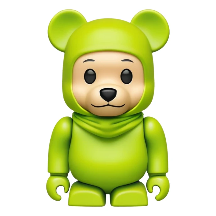 authentic bearbrick collectible figure with squared head and bear features, wearing a bright lime balaclava with defined thick eyebrows, toy design sticker