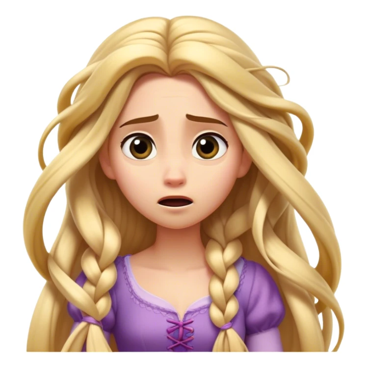 Cinematic Funny Rapunzel Portrait Emoji, Looking exhausted while tangled in her own hair, a dramatic sigh, eyes rolling with humorous exasperation, a hilariously relatable moment for the long-haired princess! sticker
