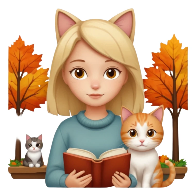 Girl with book and cat autumn vibe cozy sticker