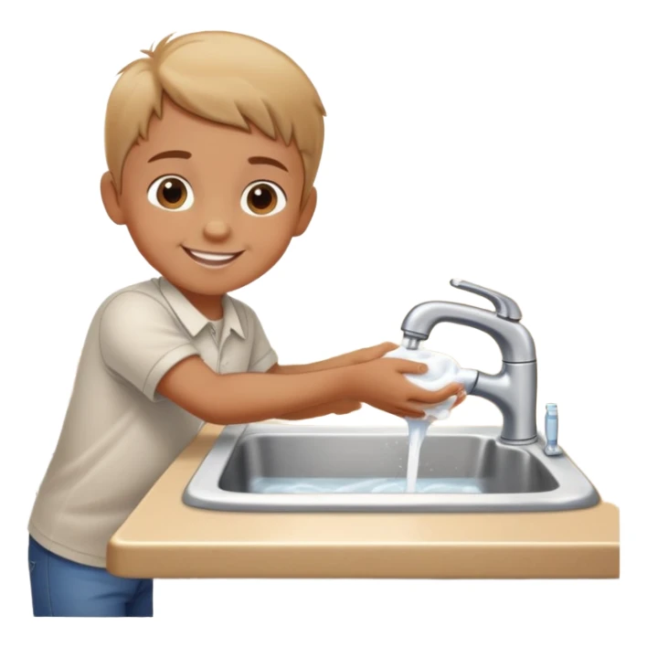 child washing hands at a sink, smiling, food on table in background sticker