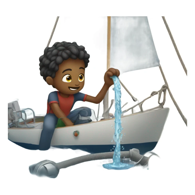 boy pouring water from a hose onto a sailboat  sticker
