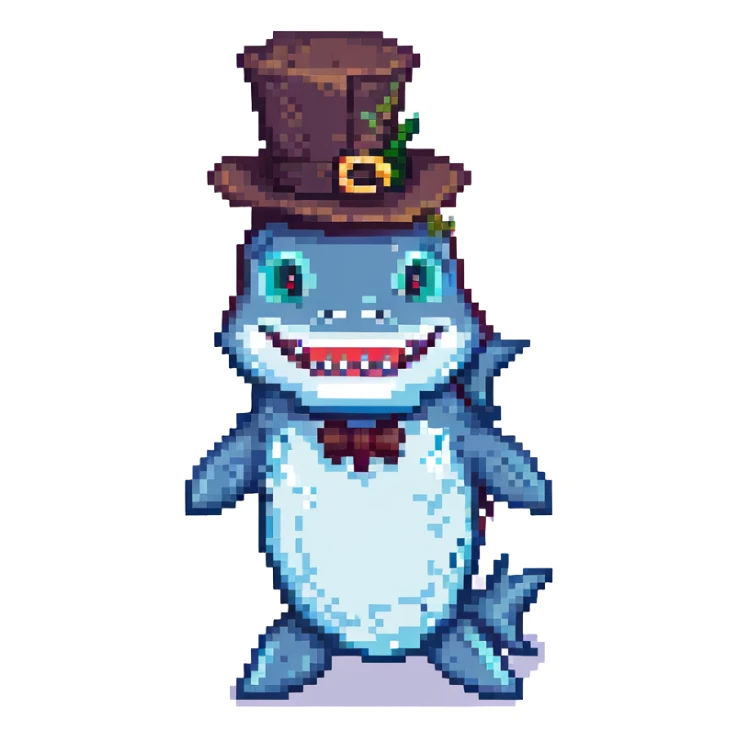 pixel art shark wearing a tophat sticker