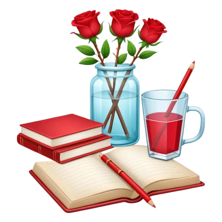 crear pizarra con libros a un lado, cuadernos, lapices, creyones, un vaso de cristal con rosas rojas, estilo vector sticker