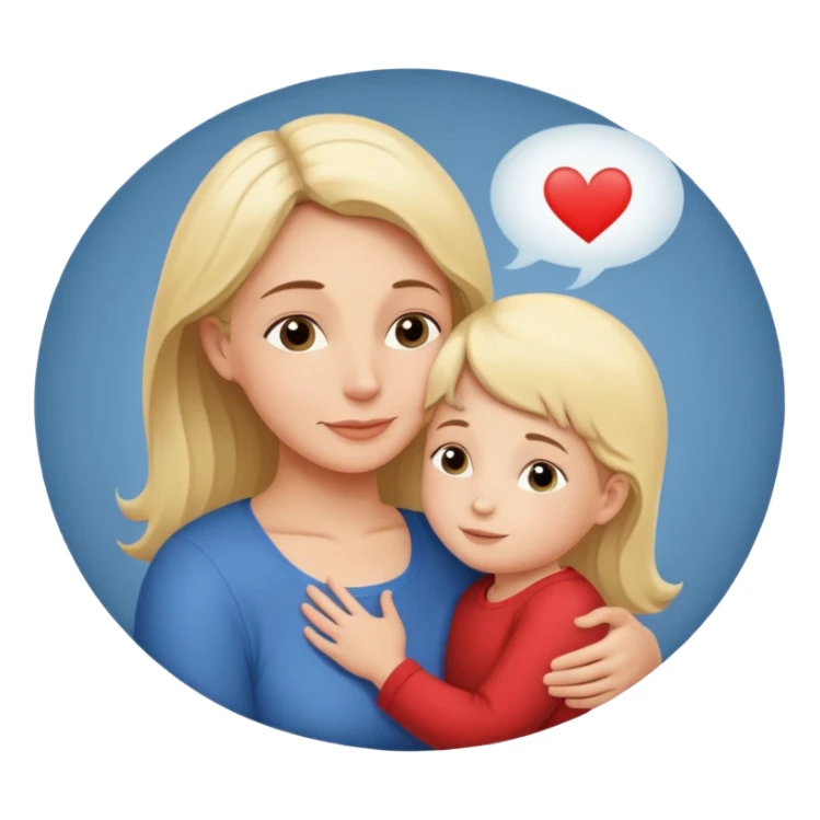 The mother and child should hug each other, and inside the speech bubble, it should say "I love you very much, Mommy" in French. sticker