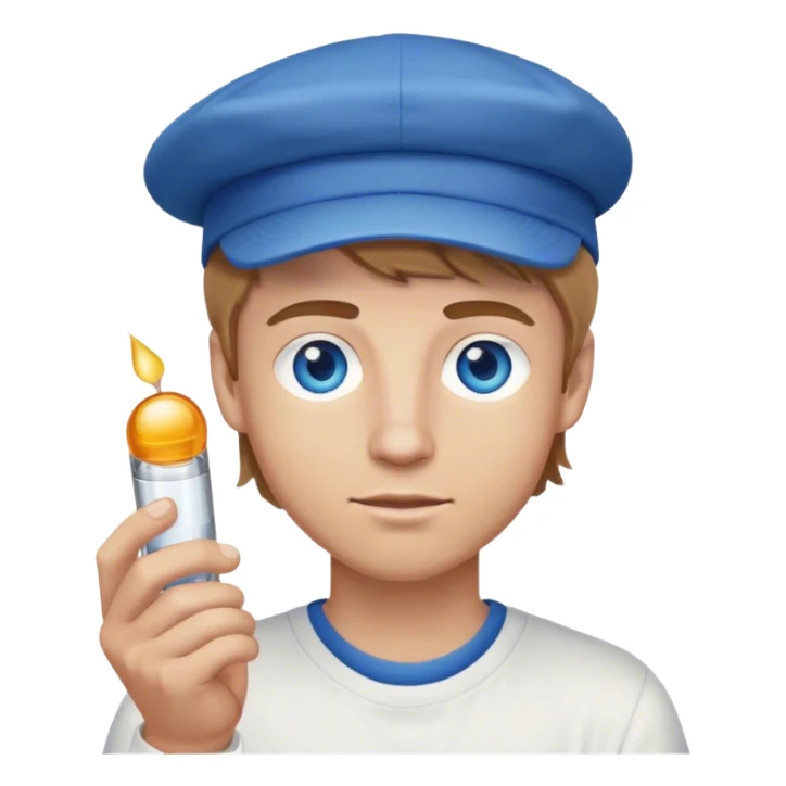 white guy with light brown hair blue eyes with backwards cap on holding a shot sticker