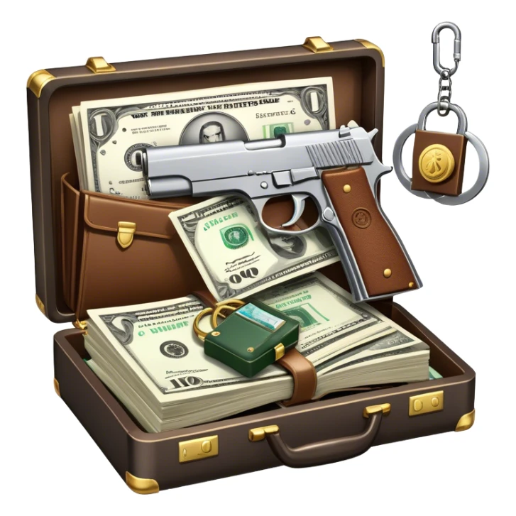Icon for Action & Crime Reading: an open book, action-packed scenes, featuring a gun, handcuffs, a detective's badge and a briefcase with money. The icon should capture the tension and excitement of crime and action stories. Transparent background. sticker