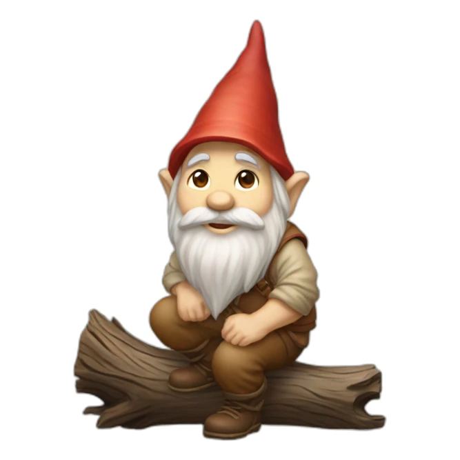 side view of gnome with light tan pants squatting on top of small brown log sticker