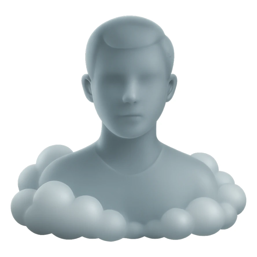 person looking straight, shoulders immersed in fluffy convex white clouds, matte glass style sticker