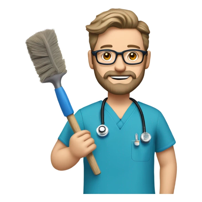 male dark blond haired doctor with grey van dyke beard with hazel eyes and small wire-rimmed glasses in blue scrubs holding a large paintbrush and jigsaw sticker