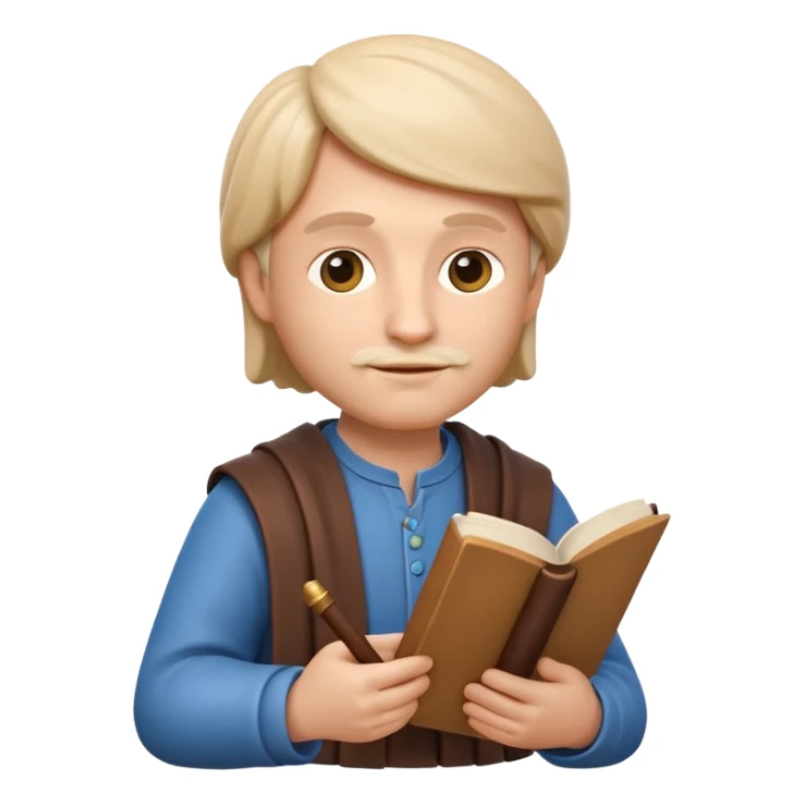 Apple Memoji-style 3D emoji of a philosopher in a thoughtful pose with a scroll or book, clean gradients, rounded shapes, no background.
 sticker