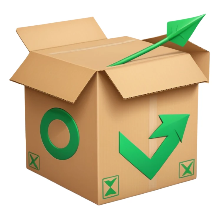 closed package box with a green checkmark and a circular arrow overlay in the upper right sticker