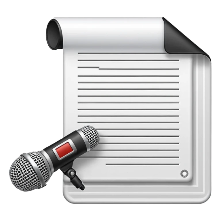 iconography design suitable for emoji reaction; pixel art: white document with a folded top-right corner and horizontal lines, outlined in a brick pattern. At the top center of the document is an icon indicating ai. In front of the document a microphone icon sticker