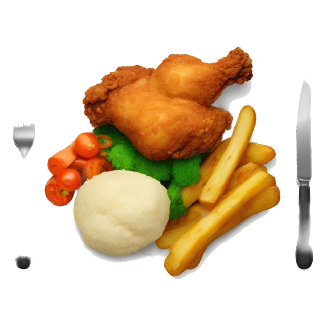 Fried chicken with fried vegetables and cooked potatoes on a plate sticker