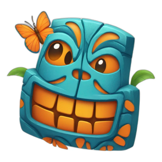 Cartoon Blue and orange smiling tiki with butterfly  sticker
