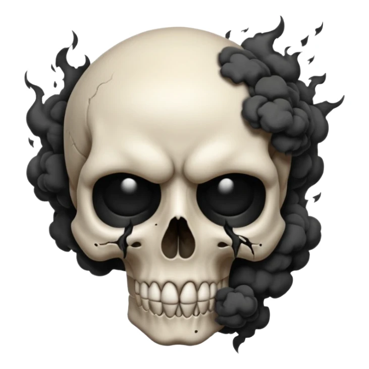iOS style emoji, dark fantasy skull, cracks, black smoke from eyes, soft light, stylized sticker