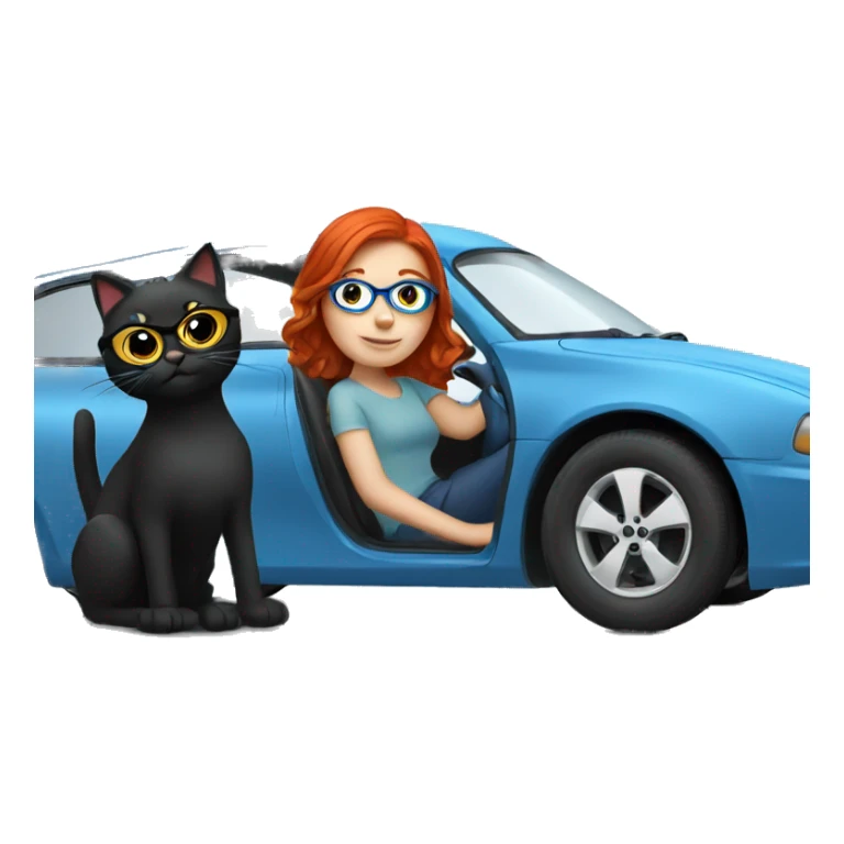 Redhead girl glasses driving blue car with 2 black cats  sticker
