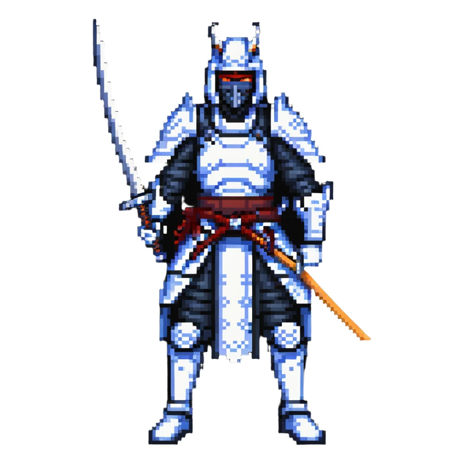 battle-ready male cyborg samurai nomad with digital katana sticker